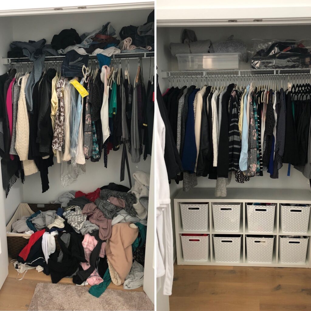Before and after collage. On the left a disorganized closet with clothes strewn about; on the right clothes categorized and hanging