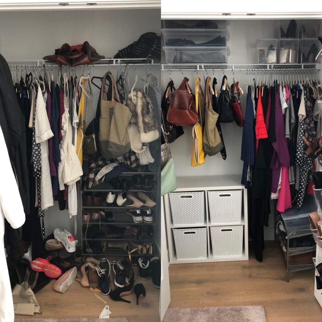 Before and after collage. On the left a disorganized closet with clothes strewn about; on the right an organized closet with purses hanging on hooks and shoes in clear plastic containers