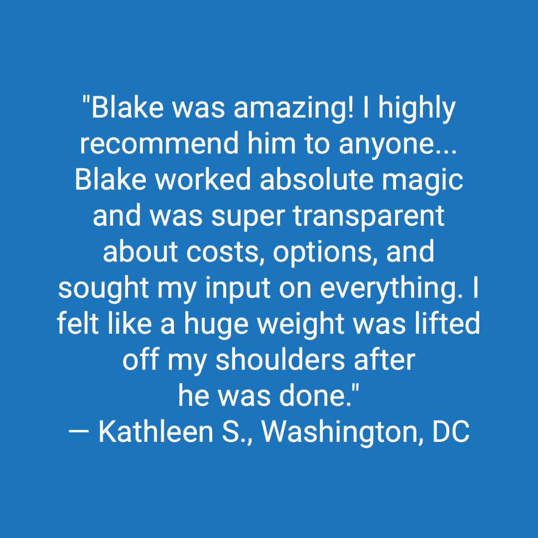 Customer review: Blake was amazing! I highly recommend him to anyone. Blake worked absolute magic and was super transparent about costs, options, and south my input on everything. I felt like a huge weight was lifted off my shoulders after he was done.